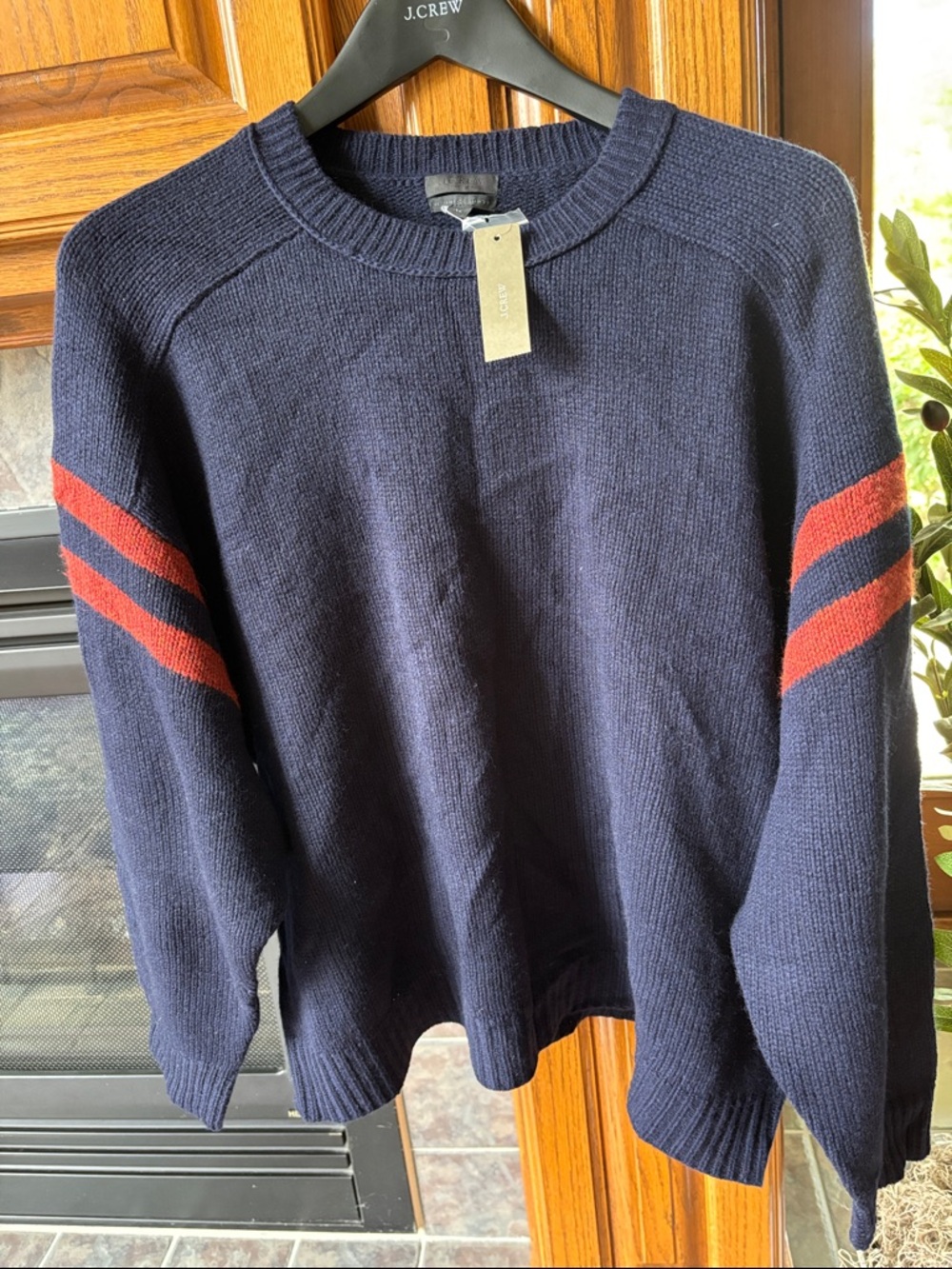 J. Crew Navy Crewneck Sweater with Orange Sleeve Stripes